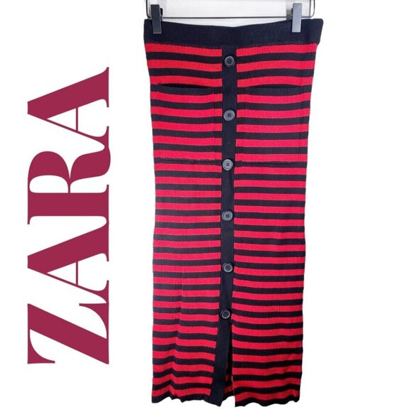 ZARA NAUTICAL STRIPED RIBBED KNIT STRETCHY MIDI PENCIL SKIRT FALL RED BLACK, Med - Picture 2 of 9